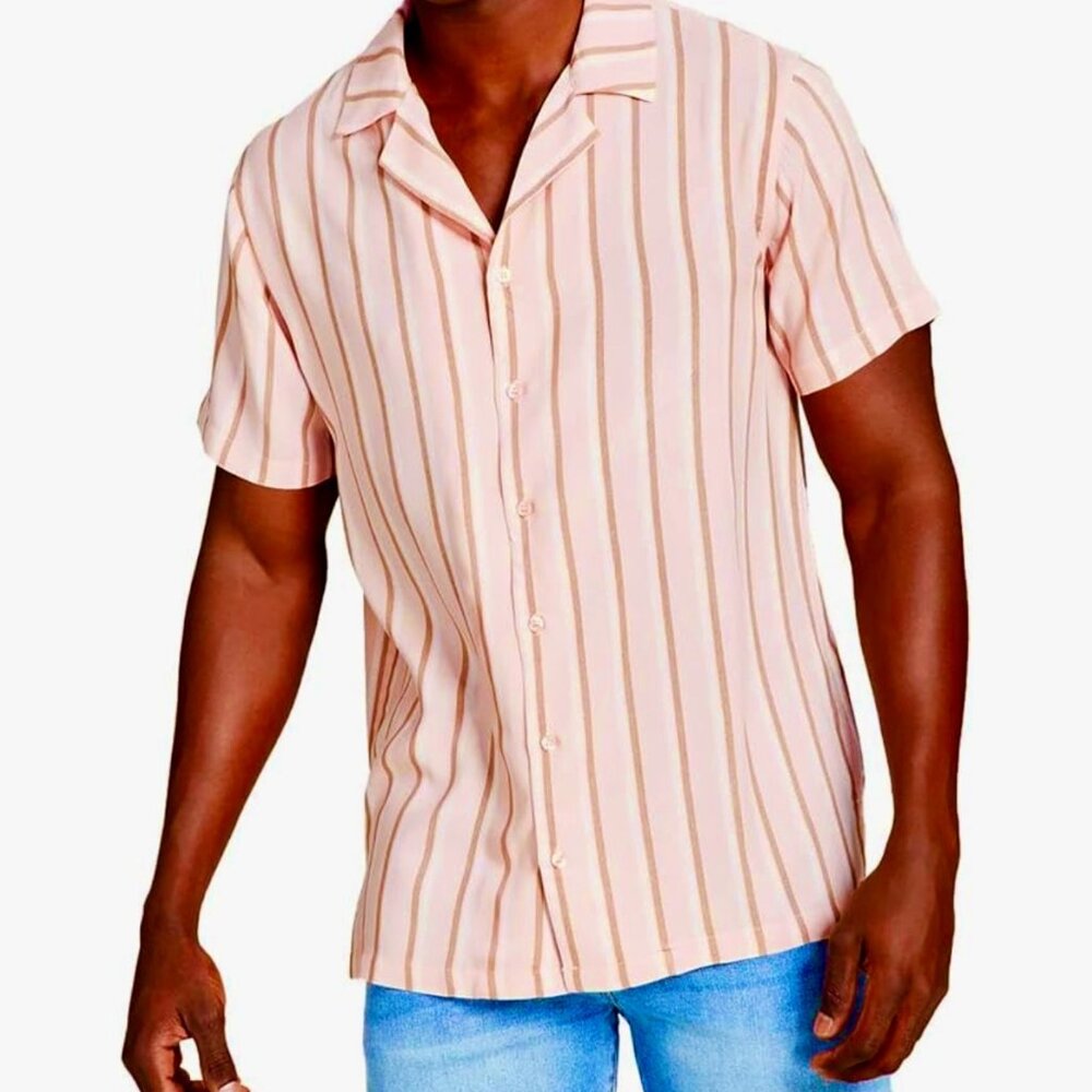 NEW! Mens AND NOW THIS Button Down Shirt Striped Peachy‎ Small Rayon Collared